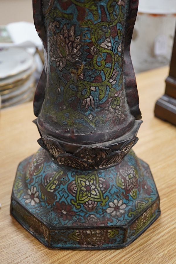A large Chinese bronze and champleve enamel figure of a Bodhisattva, archaic style seal mark to base, 66cm